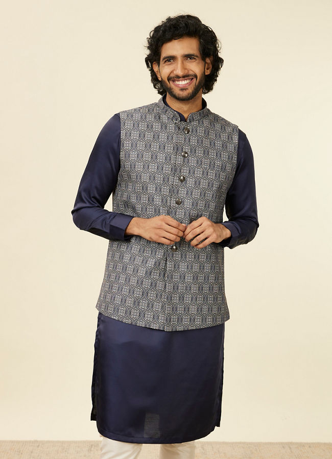 alt message - Manyavar Men Dark Blue Medallion Patterned Nehru Jacket image number 0